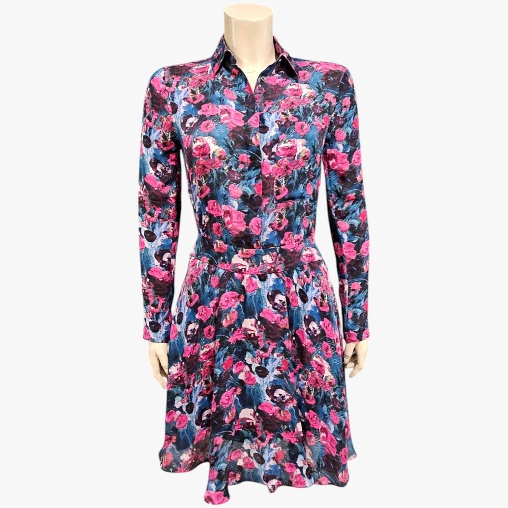 HAUTE HIPPIE Silk Blue Pink Floral Henley Shirt Dress XS